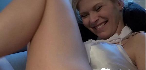  Hottie in stockings strips and pleasures herself